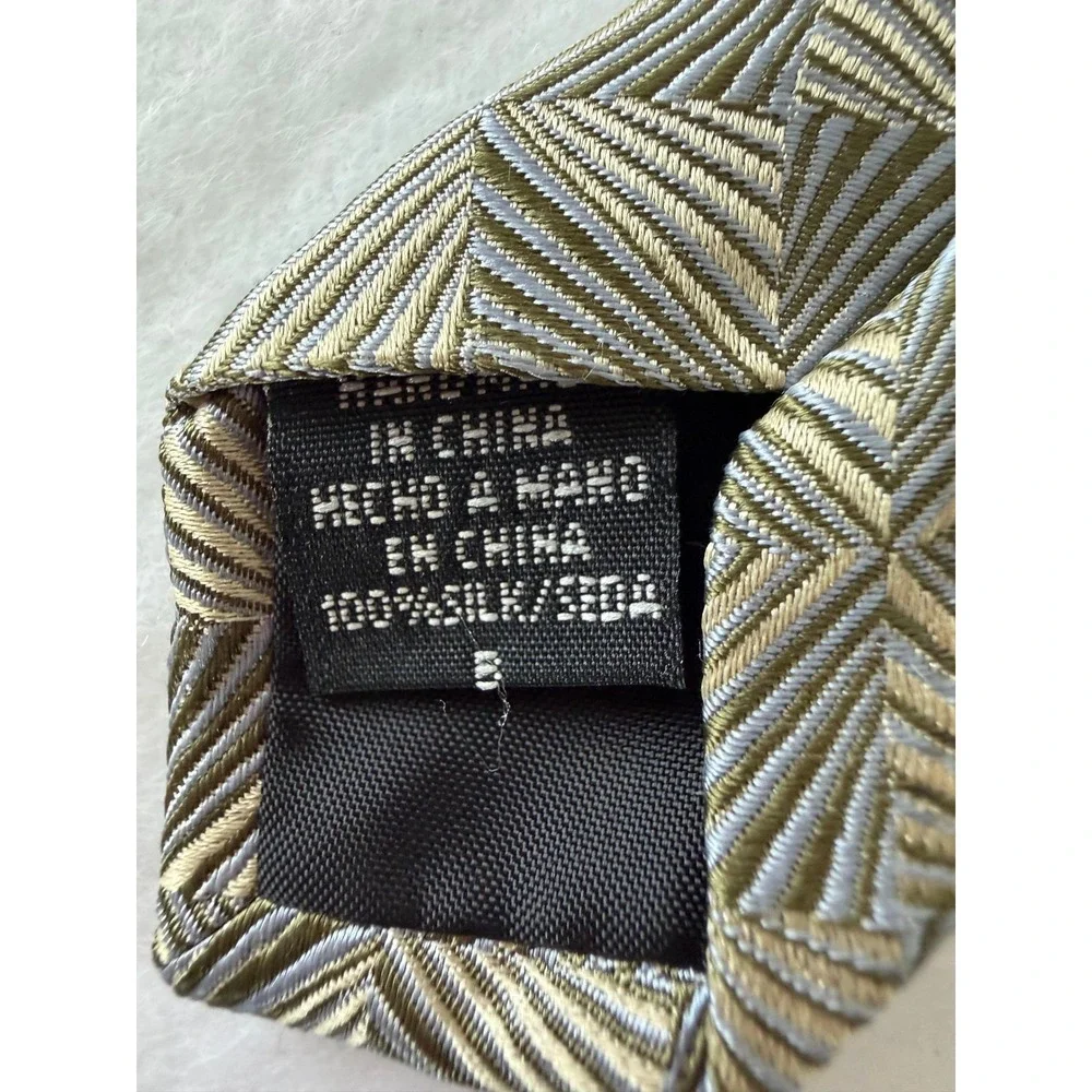 Crazy Horse Necktie Mens OS Geometric Square Gold Grey Silk Excellent